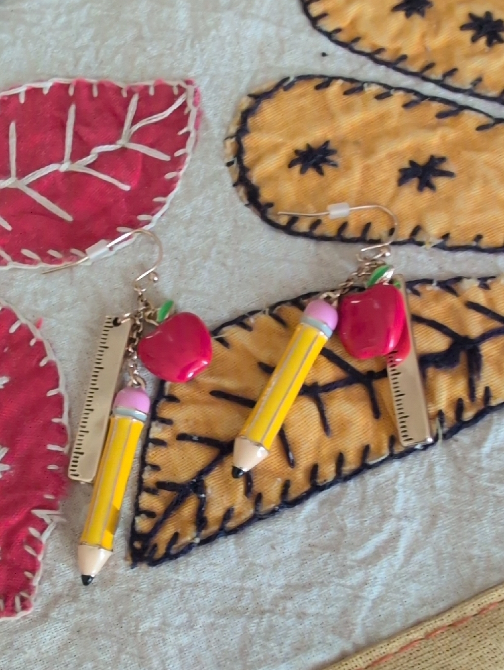 Source Unknown Yellow Pencil & Pink Apple Dangle Earrings